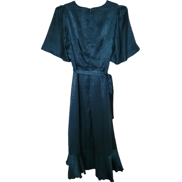 Lulus Wrapped Up In Love Dark Green Satin Faux-Wrap Midi Dress Sz S - Picture 3 of 12
